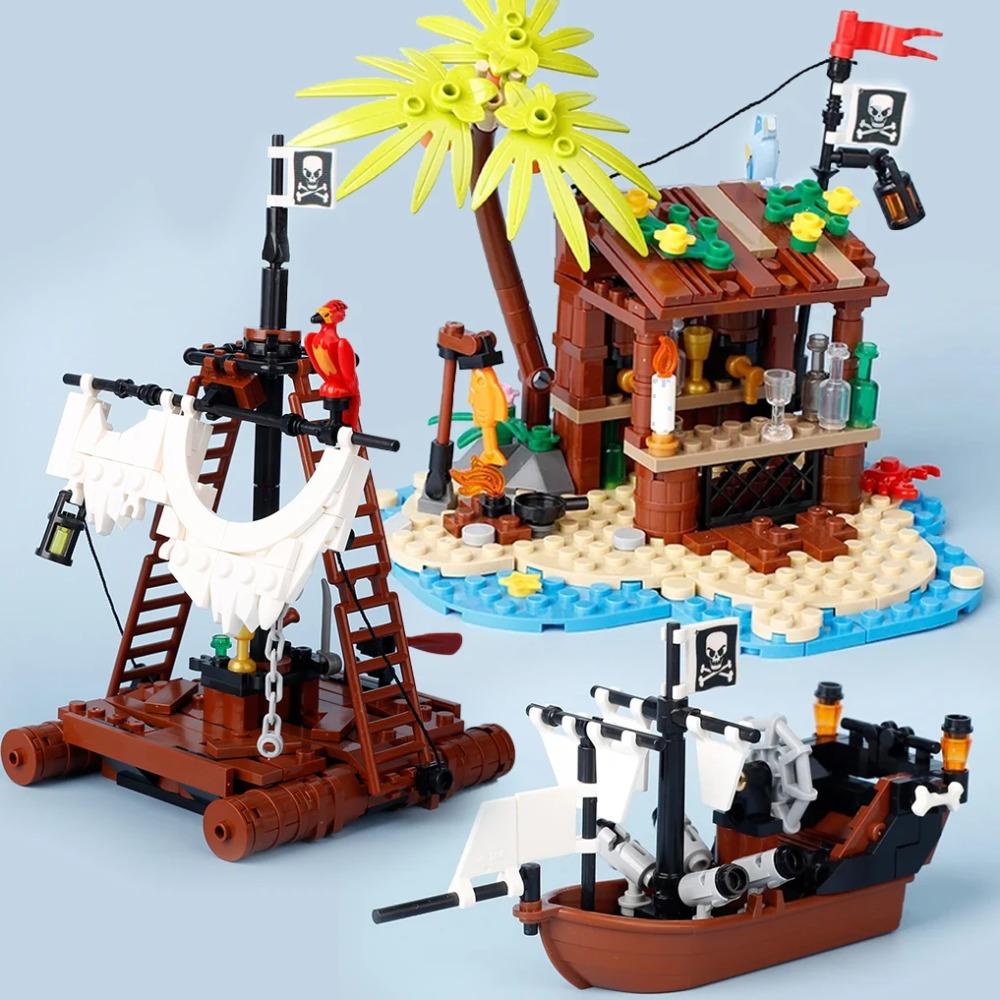 MOC Mittelalterliche Piratenbar Modellbausteine Set Papagei Blockhütte Inselhaus Lagerfeuer Baum Segelboot Schiff Steine Spielzeug Geschenk