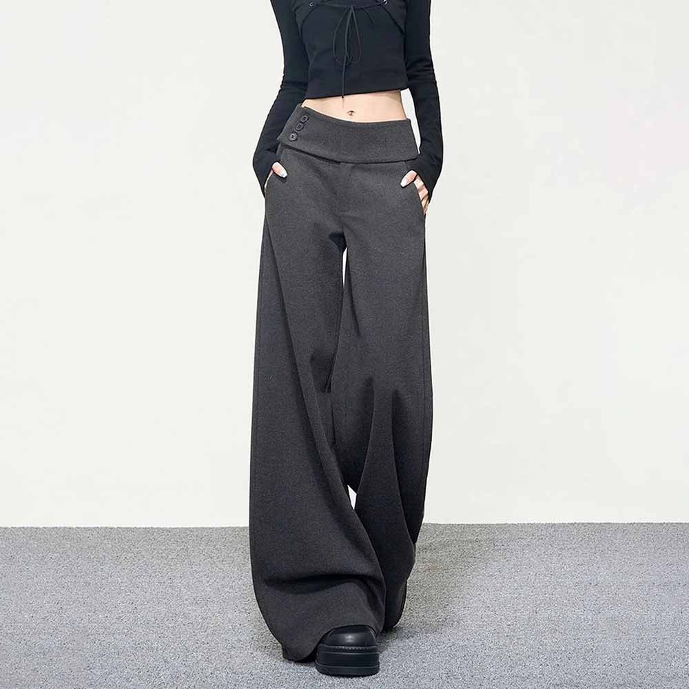 Dark Gray Wide Leg Pants Women Korean Simple Office Lady Loose Button Trouser High Waist Casual Female Vintage Spring Pants