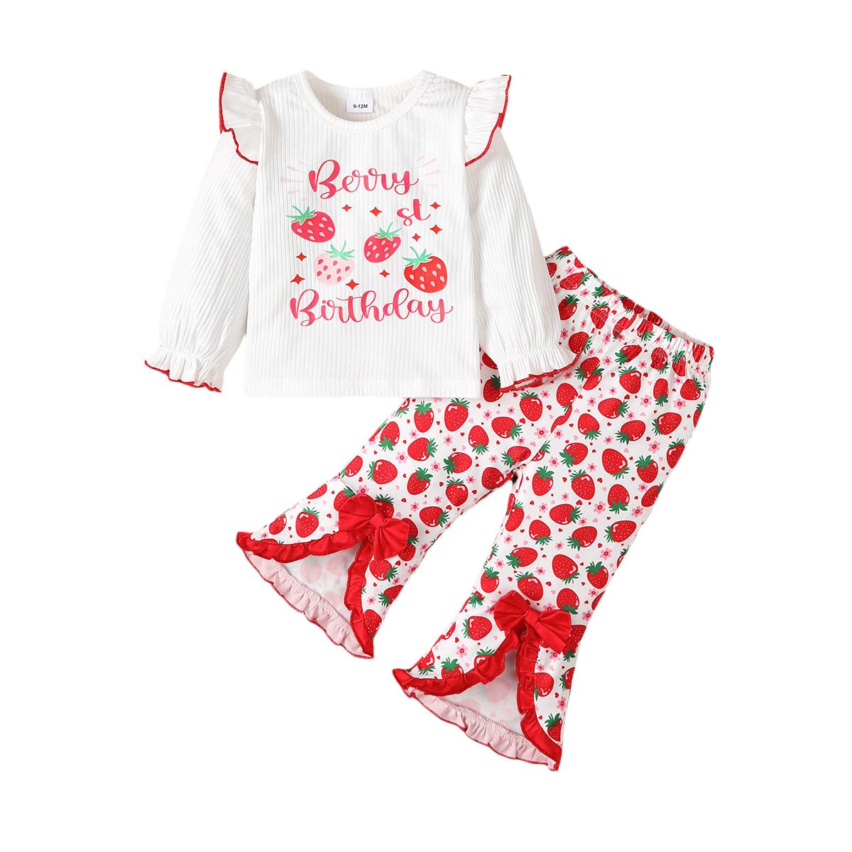 2PCS Strawberry Printed Long Sleeved Set for Baby Girl White Top+Red Bell Bottom Pants Sweet Baby Autumn Outfits Toddler Costume 6-9M красный/белый