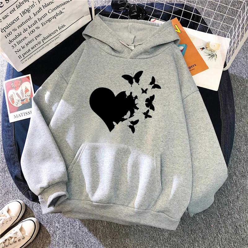 Heart Print Woman Hooded Sweatshirts Autumn Winter Daily Casual Sporty Hoodie Female Urban Fashion Warm Comfortable Hoody Coat