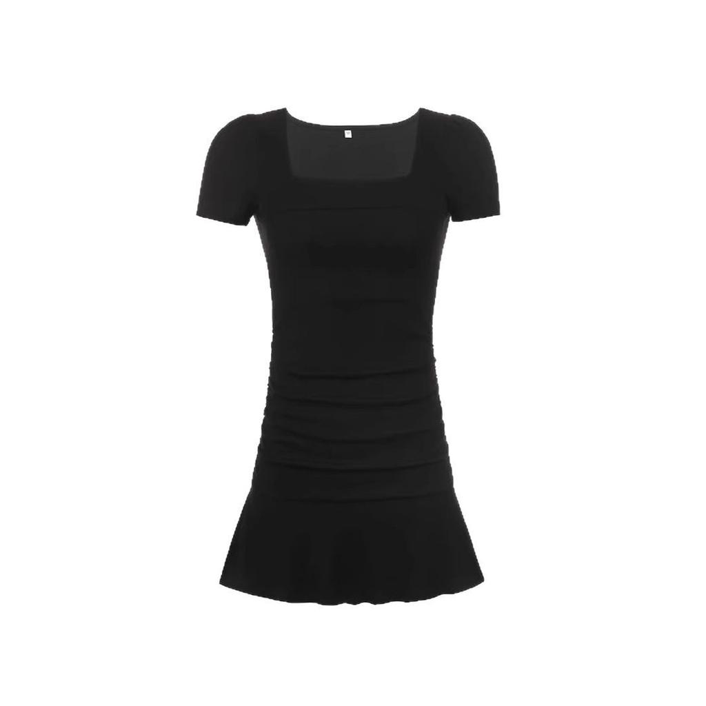 Black French square neck hip-wrapped knitted skirt women's summer new Spice Girl temperament ruffle leaf dress