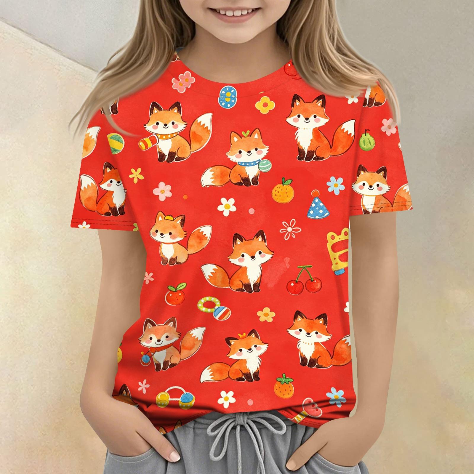 

Kids Animal Print Crew Neck Short Sleeve Casual Loose Fit T Shirt Soft Breathable Fabric Comfortable Everyday Wear 140 красный