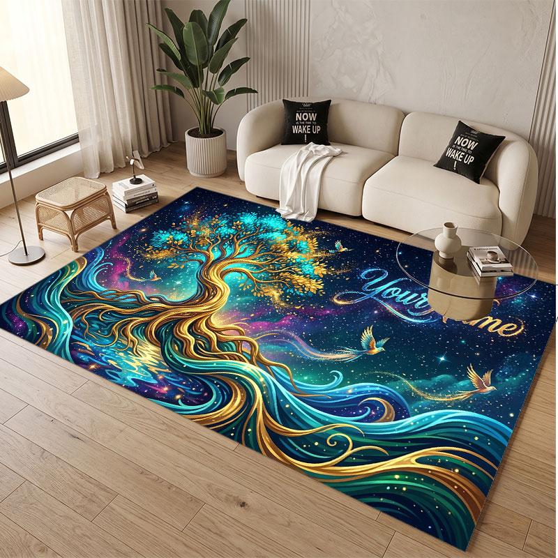 Tree of Life Theme Soft Crystal Velvet Rug Custom Name & Text Print Non Slip Floor Rug for Bedroom Living Room