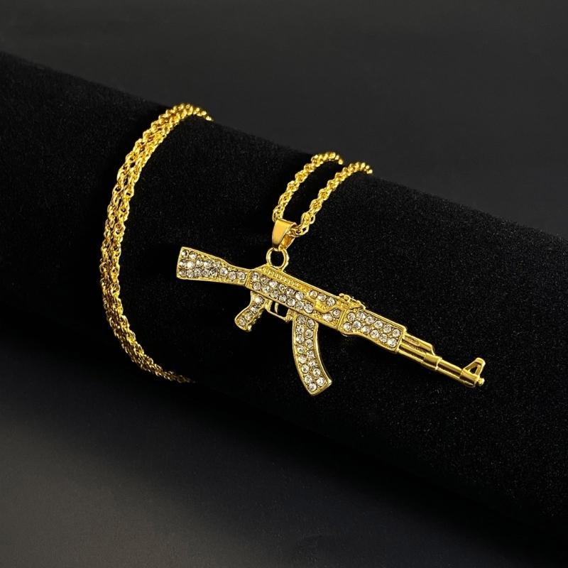Stylish Submachine Guns Pendant Dazzling White Gold Plated Chain Hipsters Streetwear Diamond Accessory for Women and Men