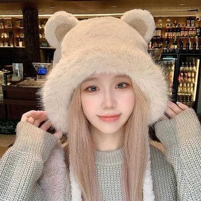 Women Winter Fluffy Fur Ear Protection Beanies Hat Cartoon Bear Ear Shaped Warm Plush Skullcap Korean Girl Skiing Skating Caps