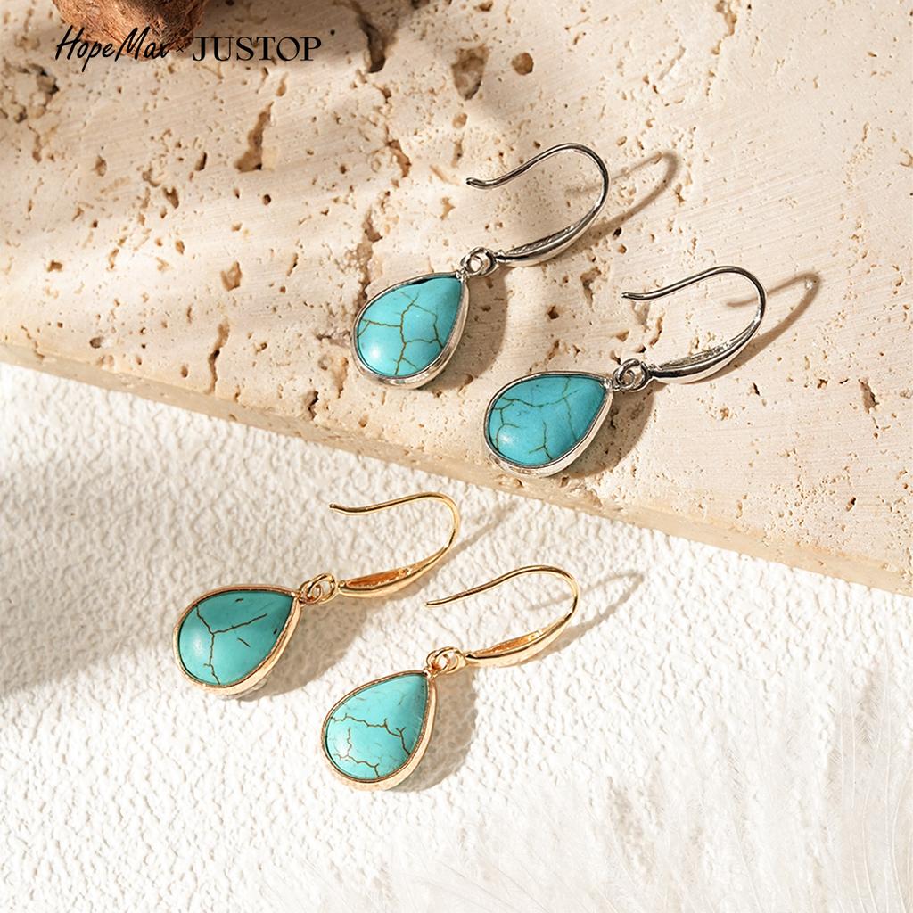 European and American Style Natural Stone Earrings, Teardrop-shaped Turquoise Earrings, Natural Stone Inlaid with Turquoise Studs