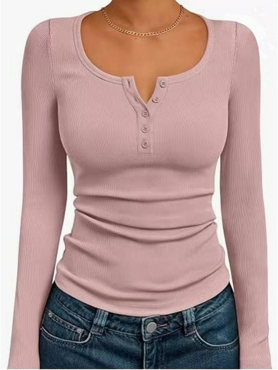 Damska prążkowana koszulka Henley z długim rękawem, dopasowana, na jesień
