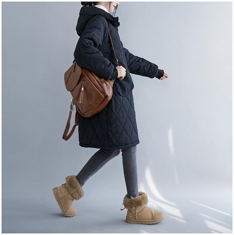 Women's Plaid Hooded Cotton Jacket, Winter Wear, Mid-Length, Thick Pocketed Zipper Coat, Plus Size.