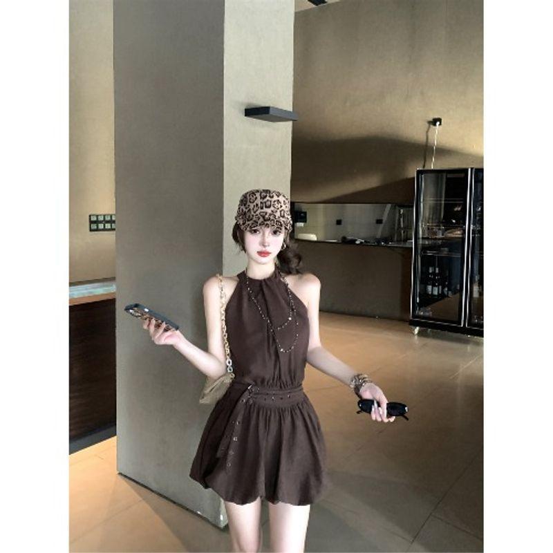 

Kumikumi Design Sense Coffee Color Halter Top Dress Women Summer Chic Age-Reducing Slimming Flower Bud Skirt Short dress Curry Dress L