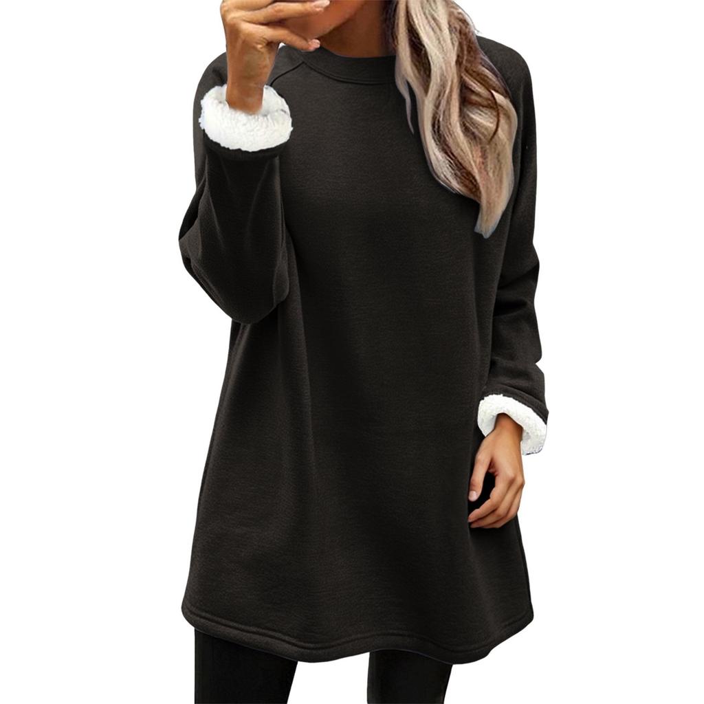 Women's Solid Fleece Lined Sweatshirt Dress Crew Neck Long Sleeve Loose Warm Casual Home Wear Winter Mini Dress