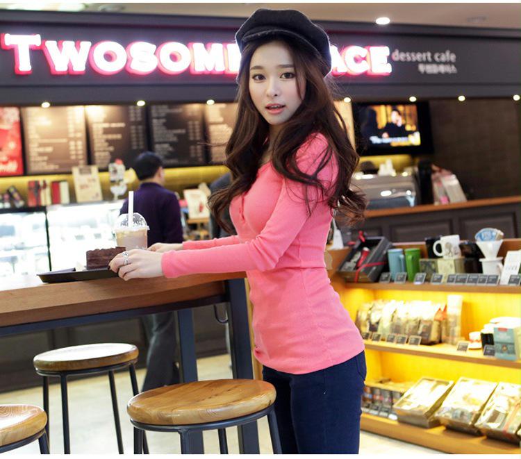 Women's Autumn Slim Fit Ribbed Long Sleeve T-Shirt with Half Open Collar