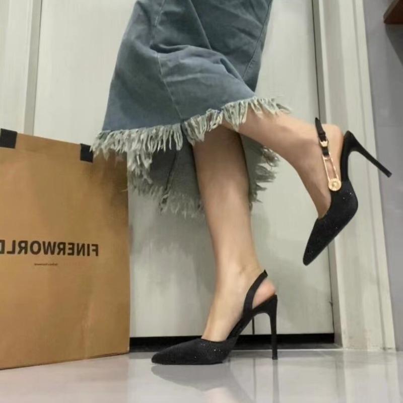 Fashion Luxury Rhinestones Sequined Buckle Women Pumps Elegant Pointed toe Slingbacks Stiletto High heels Spring Summer Fashion Shoes