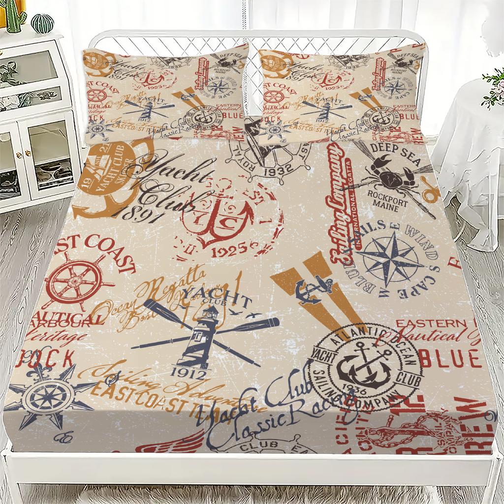 New Nautical Ocean Sailboat Ocean Spirit Fitted Sheet King Queen Single Size Fitted Sheet Set with Pillowcase Teens Boys Gift