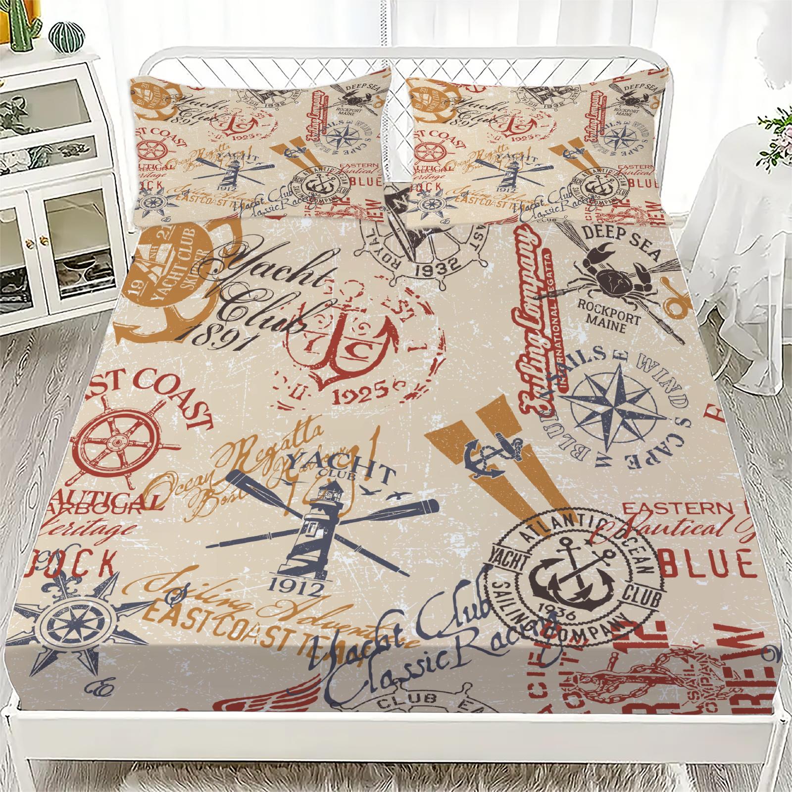 

Новий Морський Океан Вітрильник Океанський Дух Простирадло на резинці Розмір Кінг Квін Одинарний Комплект простирадла на резинці з наволочкою Підліткам Хлопчикам Подарунок 90x200cmx25