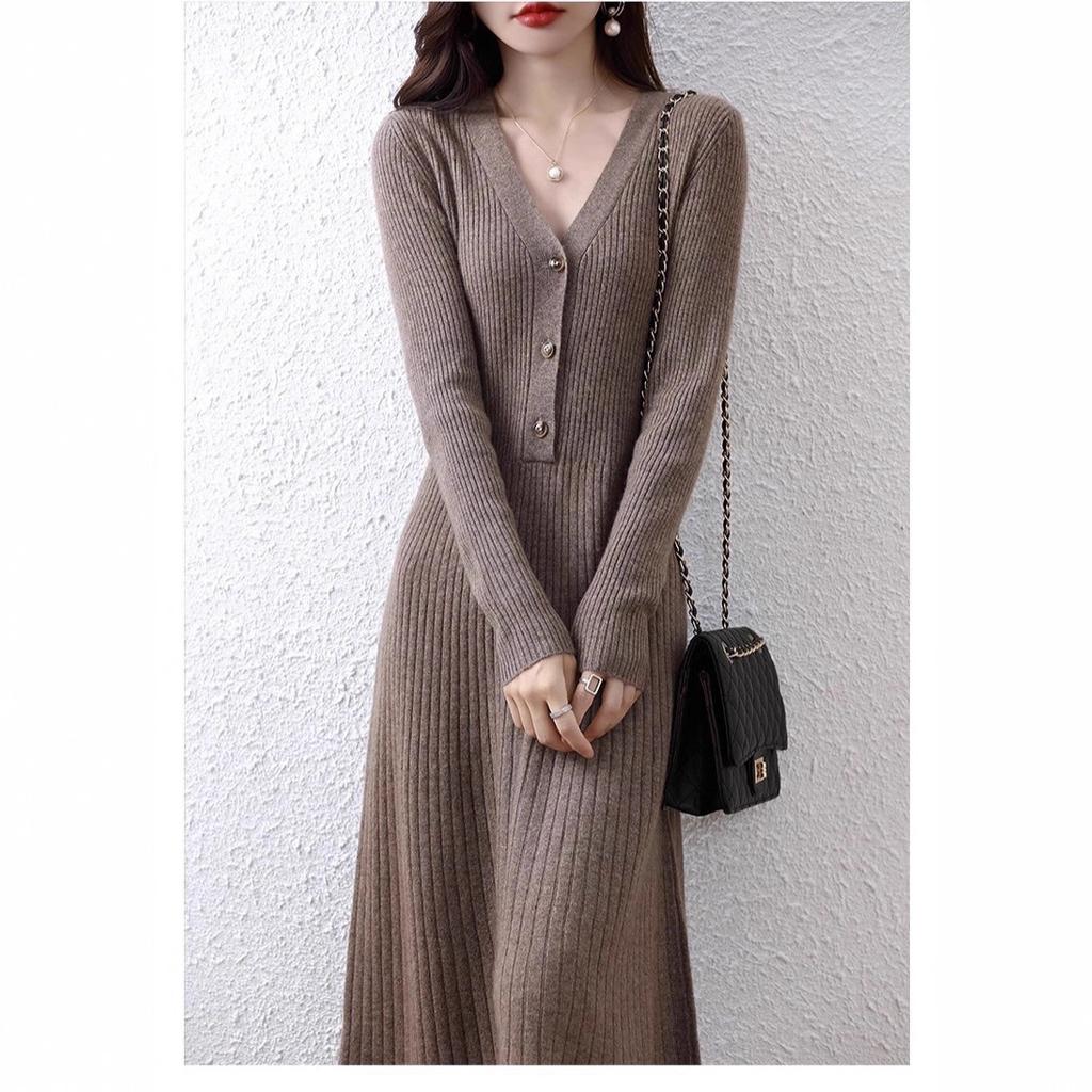 Autumn and Winter New Solid Color Thin Temperament Medium and Long Sweater Skirt Women's Coat with Bottom Knitted Dress