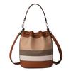 Aidrani  Women's checkered shoulder crossbody bag with caramel colored drawstring closure made of canvas and cowhide