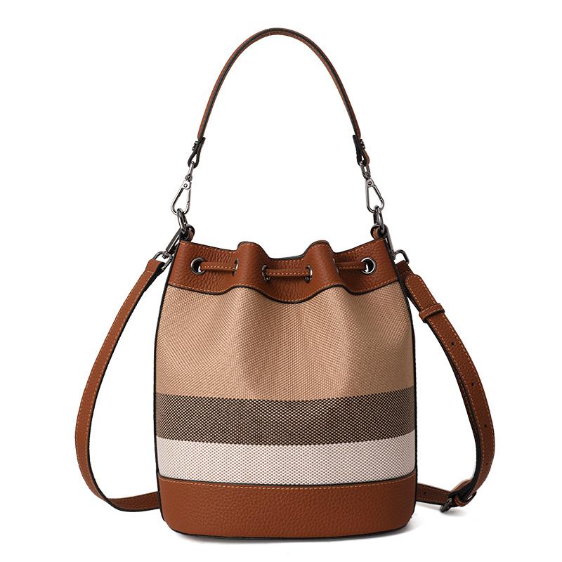 Aidrani Women's checkered shoulder crossbody bag with caramel colored drawstring closure made of canvas and cowhide