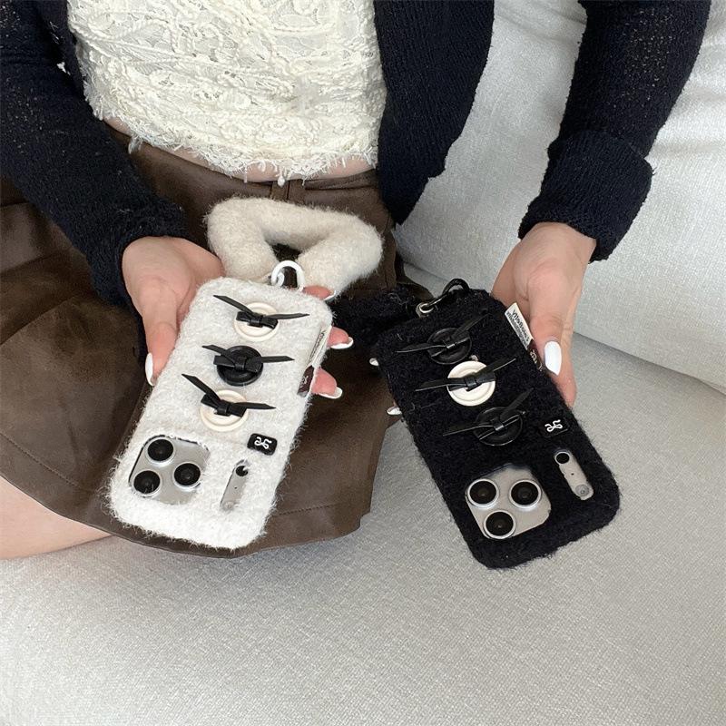 Winter Velvet 3D Bow Button Phone Case for iPhone 17/16 Pro Max/15/14