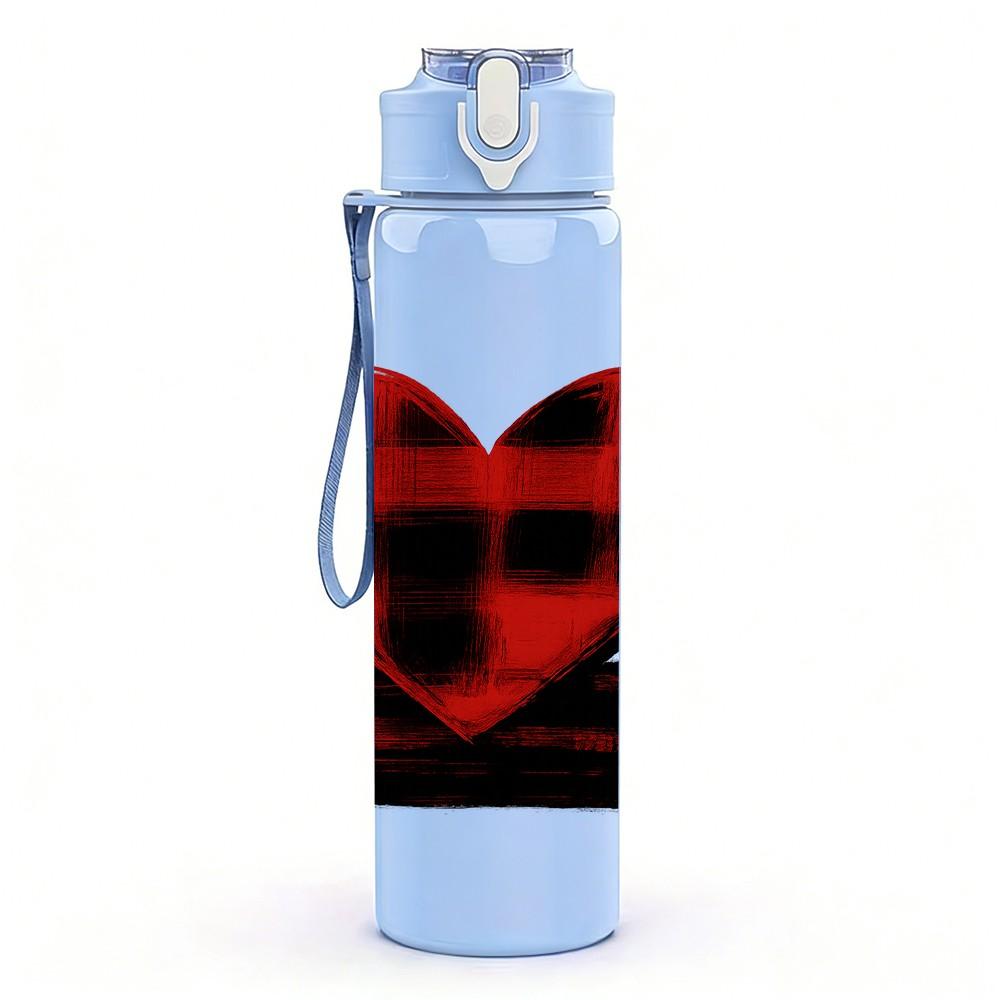 1PC Red Black Plaid Heart 750ml Color Plastic Sports Water Bottle Leakproof Flip Straw Lid Suitable for Sports Office Home Use