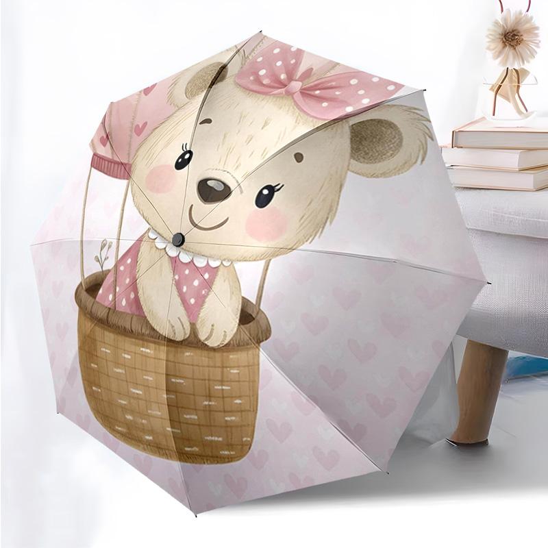 Cute Bear Pattern Folding Umbrella Fashion Auto-Open 8 Iron Ribs Plastic Handle Foldable Sunshade Perfect Christmas Gifts