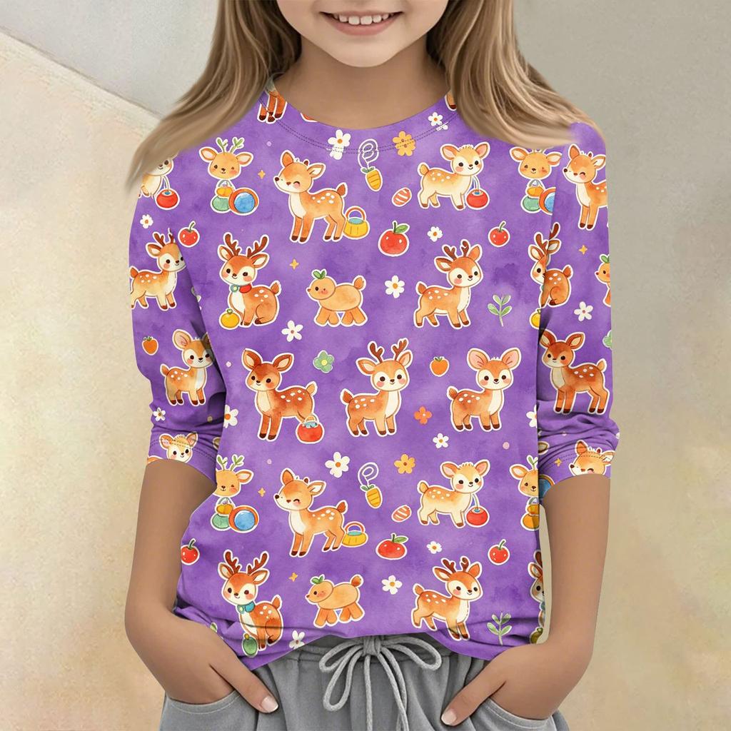 Kinder Freizeit T-Shirt Rundhals Dreiviertelarm Pullover Oberteil mit Tierprint Muster Weicher Leichter Stoff für den Alltag