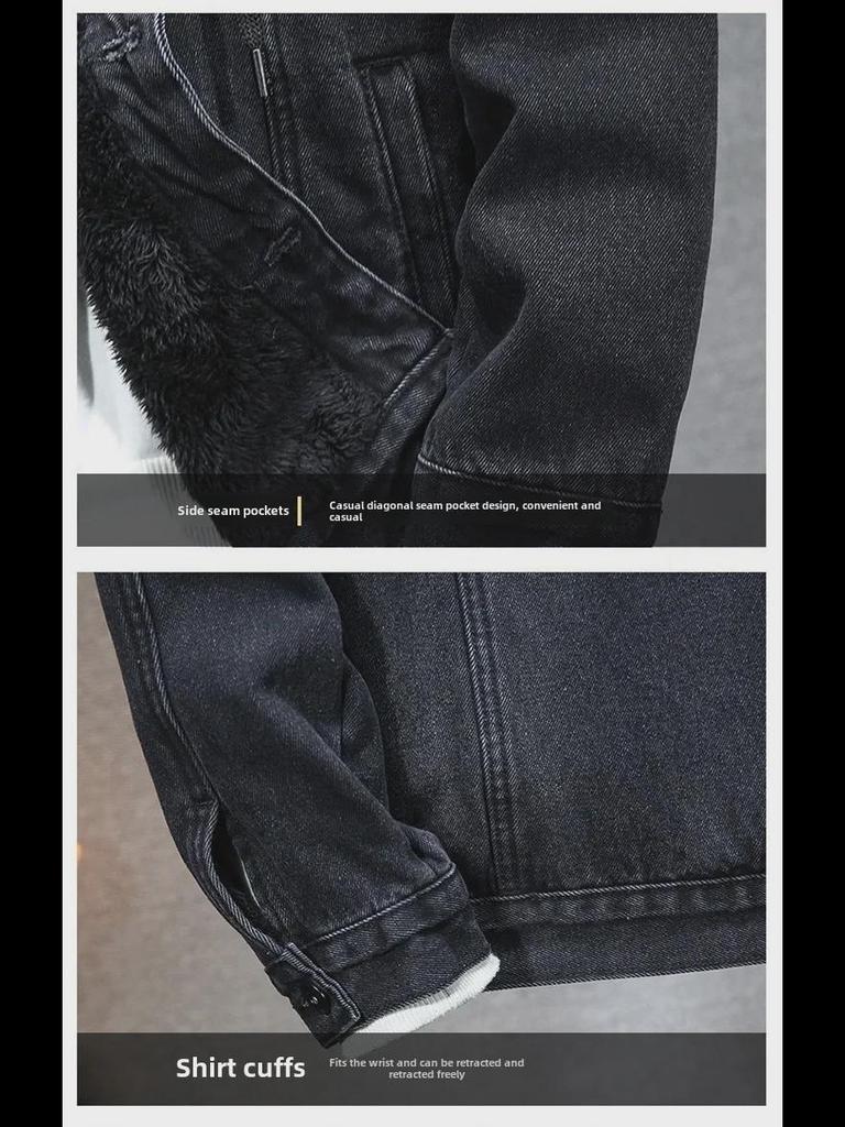 Men's Thick Warm Hooded Denim Jacket with Imitation Lambskin