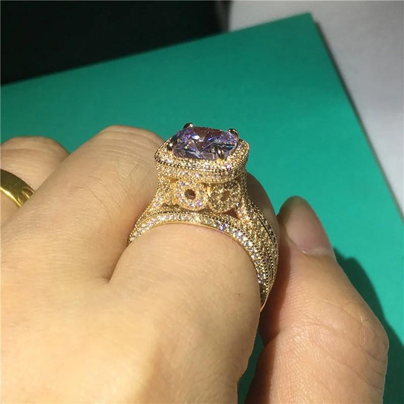Elegant Gold-Tone Geometric Ring Set Women Micro-Paved Zirconia Round Design Fashionable Daily Wear