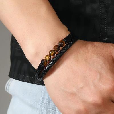 Tiger Eye Stone Beads Cuff Bangle Men's Bracelets  OL Style Male Wrist Gift New Multilayer Woven Leather Bracelet for Men