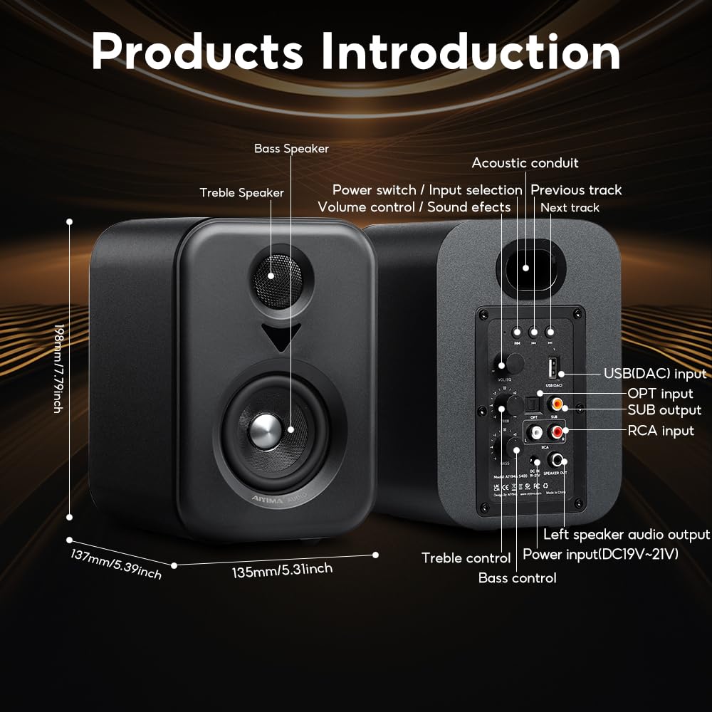 AIYIMA S400 [Updated Model] 100W Bookshelf Active Speaker with Dual Mode 3-inch Bluetooth HiFi Home Subwoofer for Music System, TV, and Computer