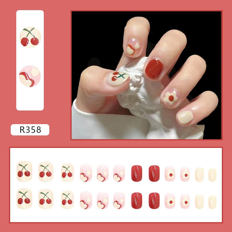 Artificial Nails Wearable Nail Pattern Novel Fake Nail Patch Cherry Flower Heart Red Removable
