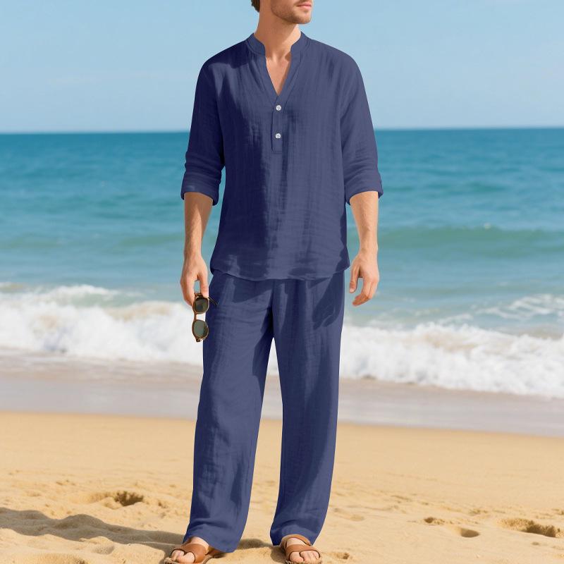 Men Loose Casual Breathable V Neck Long Sleeve Henley Shirt And Long Pants Set