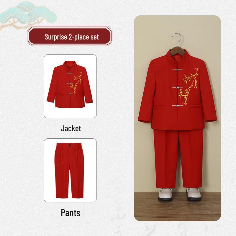 

Детский костюм ханьфу: Формальный костюм Тан в китайском стиле для мальчиков - Красный костюм для выступлений для 1-летних 100cm, 25-30 lbs