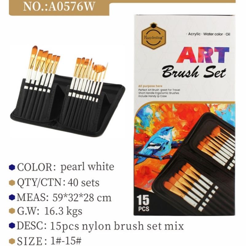 15-Piece Nylon Paintbrush Set with Black Bag for Watercolor, Oil, and Wall Painting
