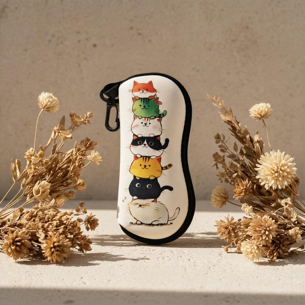 1PC Cute Stacked Cats Print Glasses Case Portable Zipper Sunglasses Pouch With Carabiner Hook Anti‑scratch Eyeglasses Protective Bag For Women Man