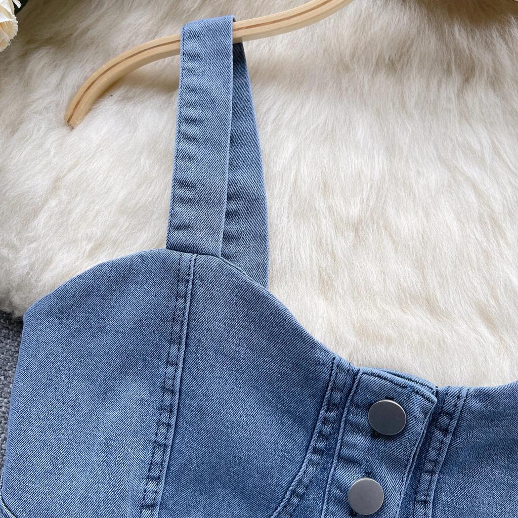 Hongkongský styl Retro Džínový top Dámský Design Jednořadé Slim fit Krátký Pupík Sexy Gyaru Sle Cami Móda