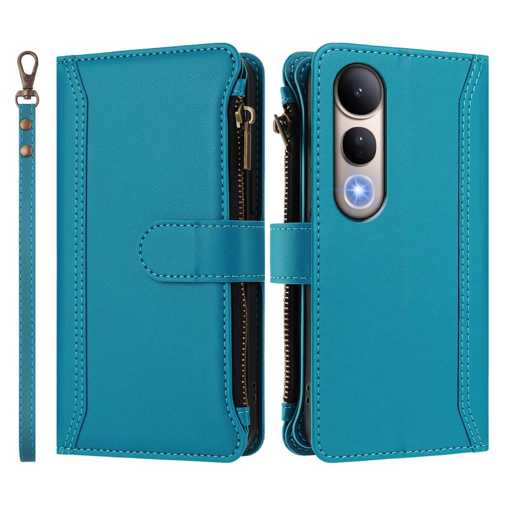 For vivo V50 Lite 4G/vivo V50 Lite 5G Leather Case 9 Card Slots Zipper Wallet Stand Phone Cover with Wrist Strap