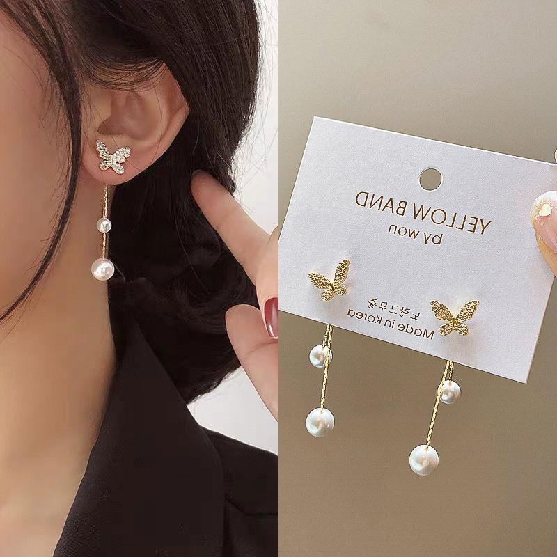 Color Needle Purple Butterfly Long Tassel Earrings For Women Jewelry Trending Korean Fashion Luxury Crystal Earrings