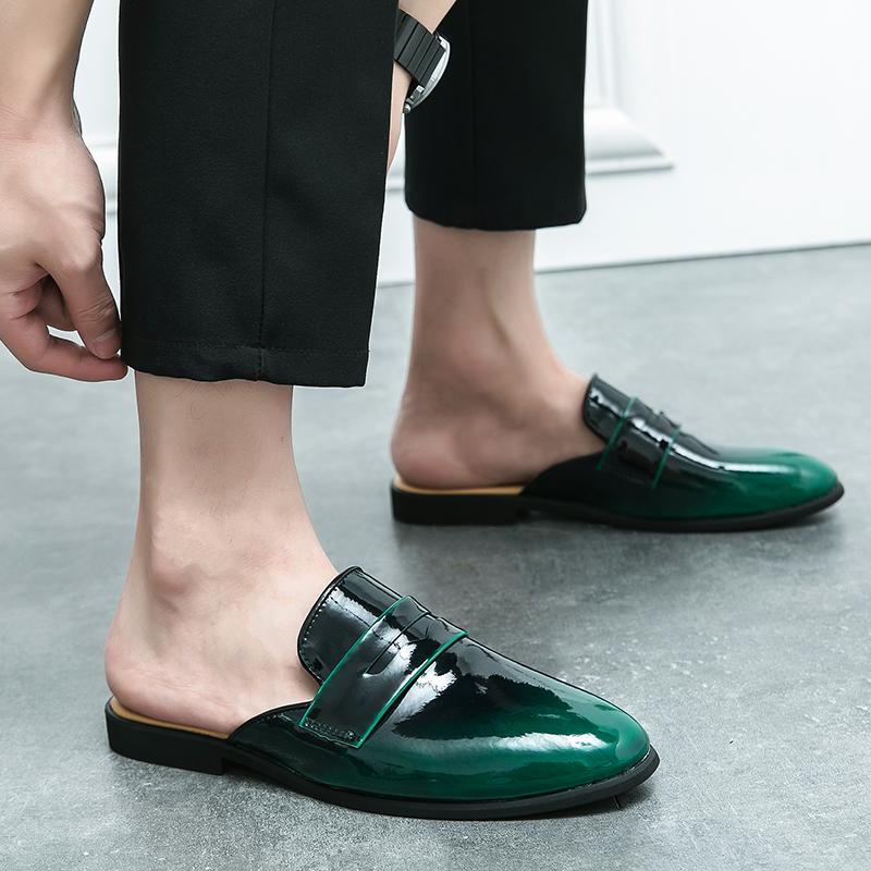 Fashion Black glossy surfaceMen Shoes Casual Mens Half Drag Loafers Leather Slipper Breathable Slip on Lazy Driving Shoes Men