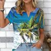 Women Blue Ocean Coconut Palm Beach Print Short Sleeve V Neck Blouse