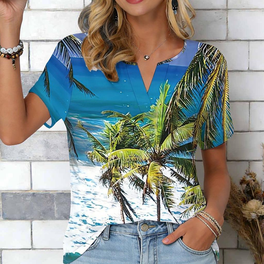 Women Blue Ocean Coconut Palm Beach Print Short Sleeve V Neck Blouse