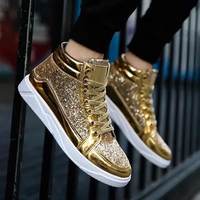 Herren Plateaustiefel mit goldenen Pailletten, Herbstmode, lässige Sportschuhe, dicke Sohle, vulkanisierte Schuhe, Mann, flache Absätze