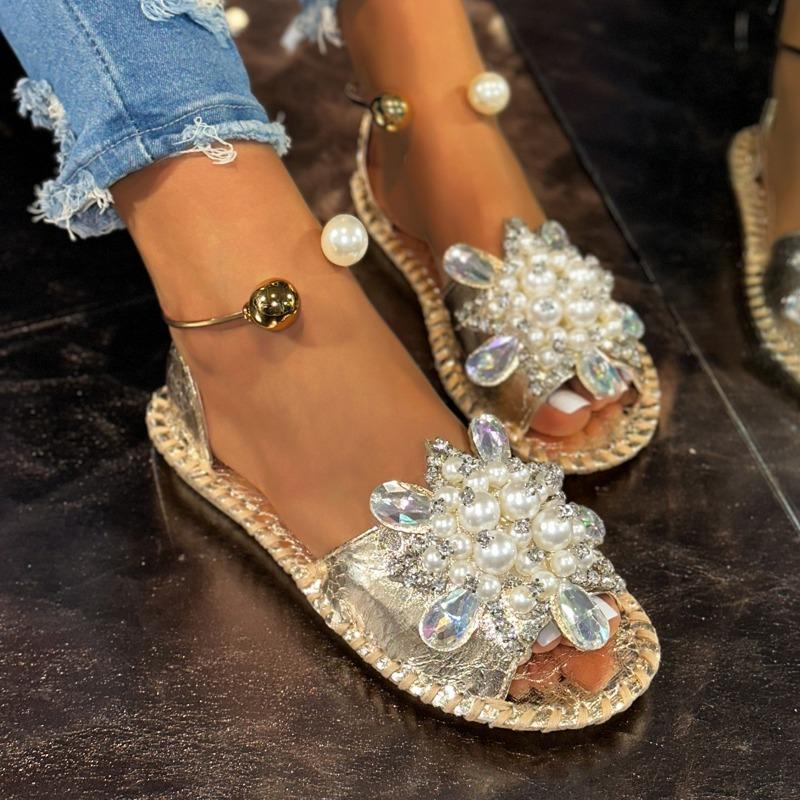 Comfortable Elegant Women's Sandals | Faux & Rhinestone Embellishments, Round Toe Design, Ankle Strap for Beach Vacations & Casual Outings