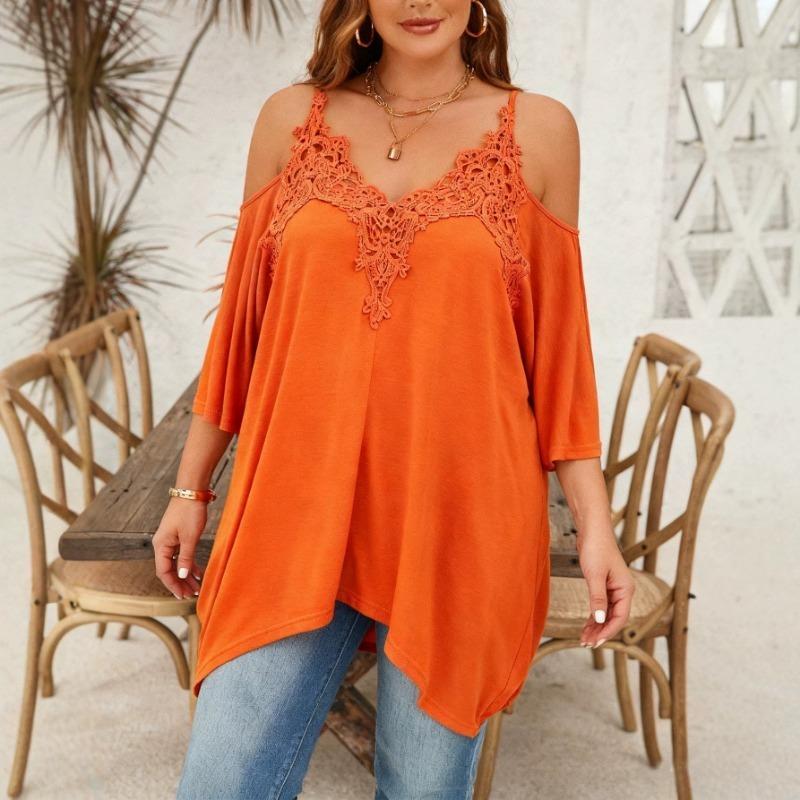Women Loose Casual Lace Collar Floral Patchwork Off Shoulder Camisole Asymmetrical Hem T Shirt