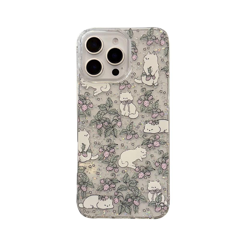 Pastoral strawberry cat is suitable for iPhone16/17pro mobile phone case Apple 15 glitter 13 fresh 14IMD12