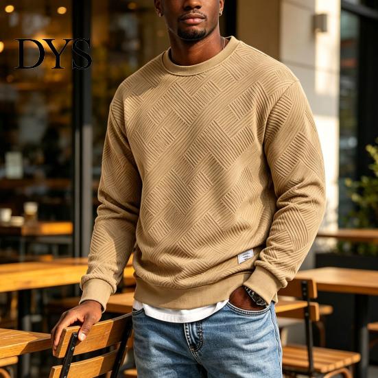 Mens Casual Crewneck Sweatshirt Men Sweatshirt, Soild Color Geometric Texture Ribbed Cuff Hem Loose Fit Pullover Shirt for Office Street Daily