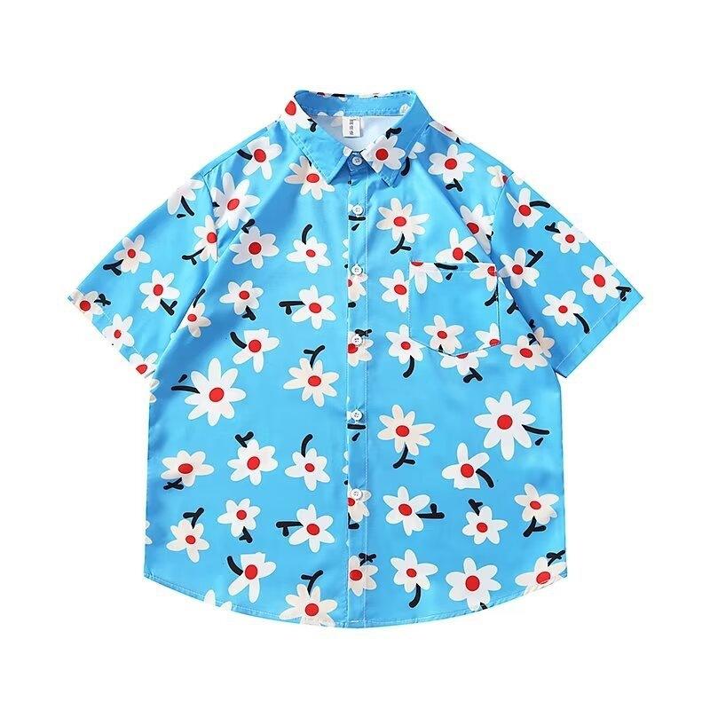Summer vacation seaside blue shirt for men and women, trendy loose-fitting plus-size Hawaiian short-sleeve shirt