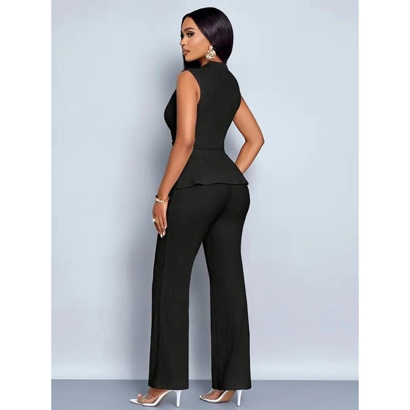 Spring and Summer Women's Two-piece Set of Elegant and Thin V-neck Sleeveless T-shirt and Wide-leg Pants Two-piece Set