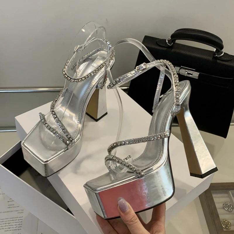 Eilyken Gold Silver Square Toe Women Sandals Street Style Buckle Strap Platform Ultra High Heels Banquet Party Ladies Shoes