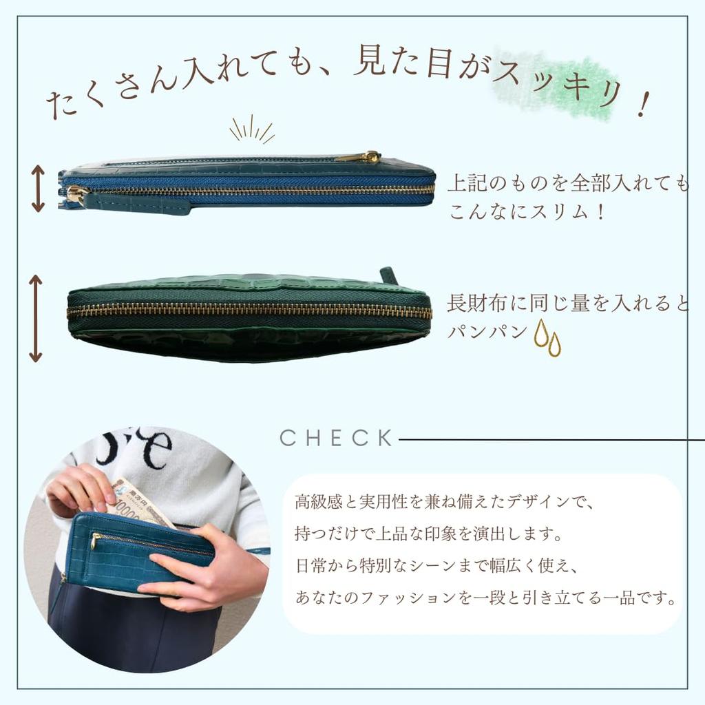 World Closet Women's Long Wallet, "Wind Era" Colored Pencil Wallet, L-Shaped Zipper, Holds 24 Cards, Large Capacity, Crocodile Embossed Enamel, with