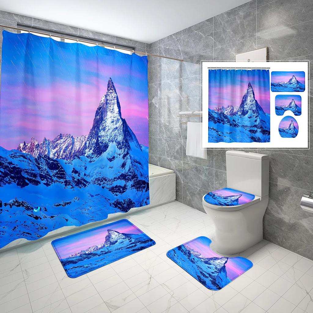 Schneeberg Duschvorhang-Set Schöne Naturlandschaft Duschvorhang Rutschfeste Badematte Toilettendeckelbezug Für Badezimmerdekoration